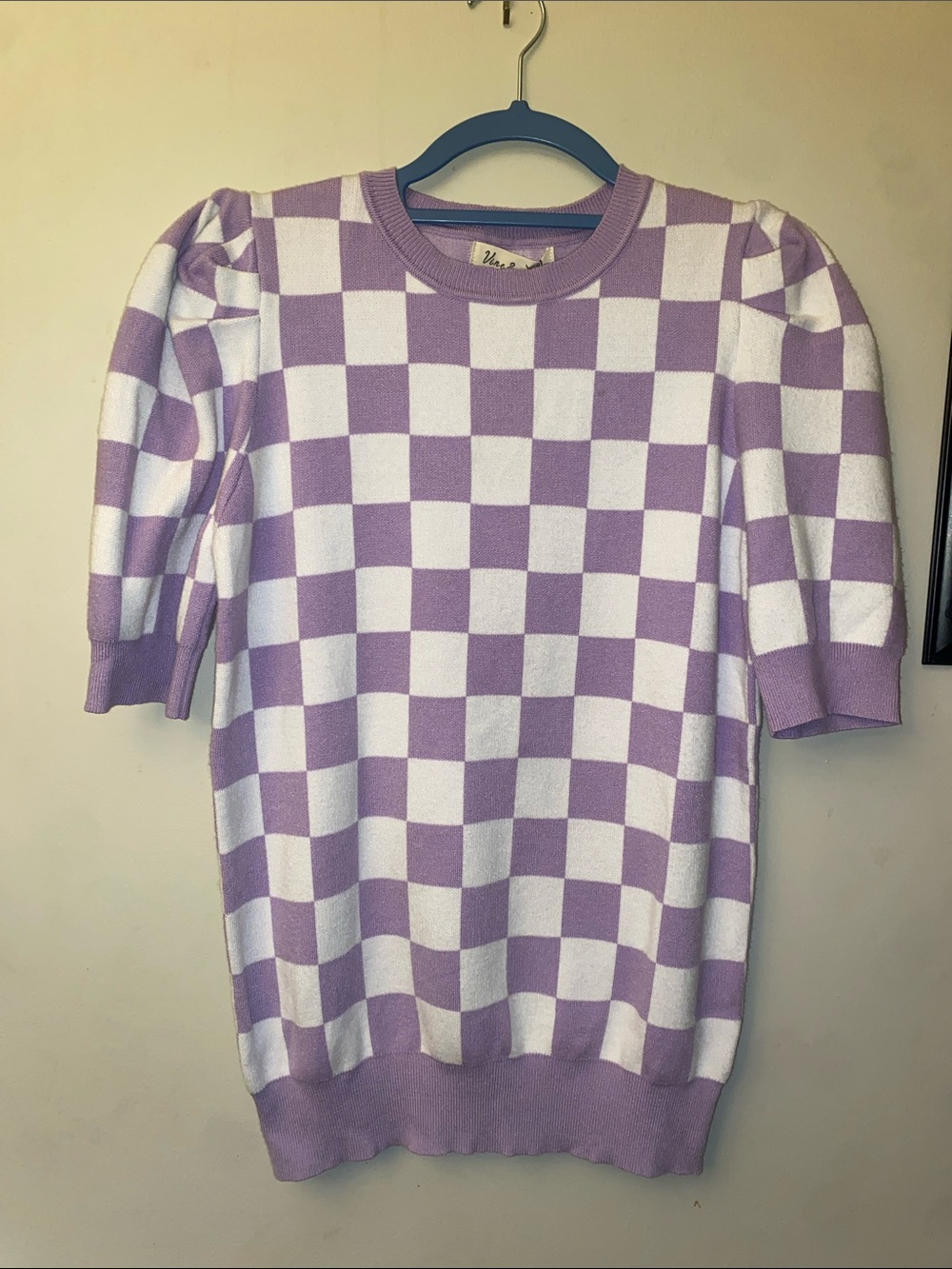Vine & Love Lavender and White Checkerboard Puff-Sleeve Sweater 🆕